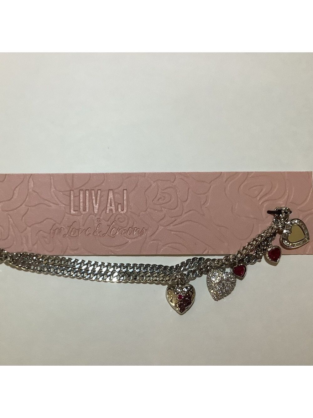 Luv AJ x For Love & Lemons Hanging Hearts Silver Charm Necklace New